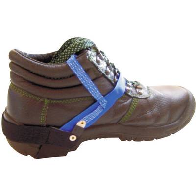Brown safety shoe with blue and green accessories stretched over the foot.
