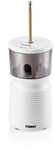 Electric pencil sharpener in white design, with integrated collection container and a pencil inserted.