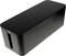 Black cable storage box for organising and tidying cables, rectangular shape, with a slot for routing cables.