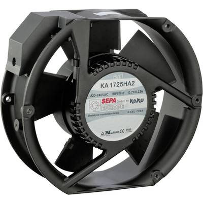 Black-grey electric fan with model designation 'KA 1725HA2' by SEPA Europe for 220-240V, 50/60Hz, 0.27/0.23A.