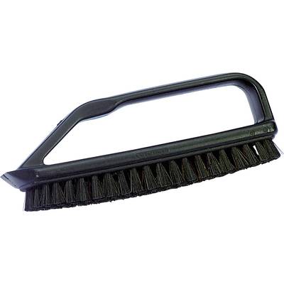 Black hand brush with ergonomic handle and stiff bristles. Suitable for cleaning surfaces.