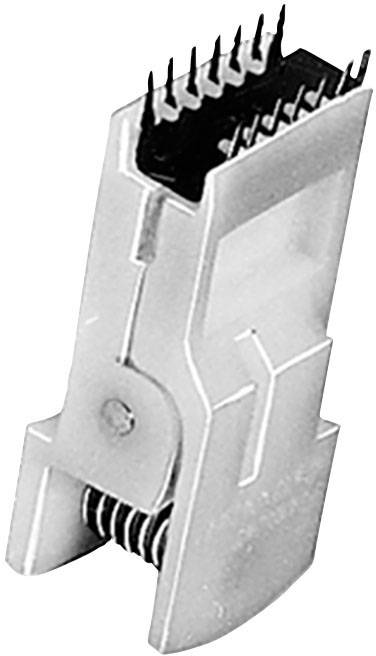 A white, rectangular electronic plug with several black metal pins protruding from the top surface.