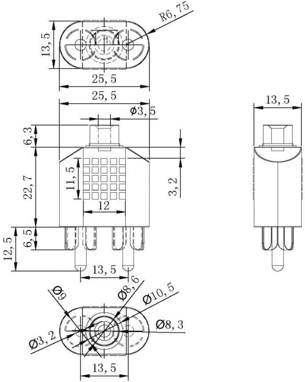 Technical drawing of a plug connector in three views: top, front, side. Dimensions and diameters are detailed.