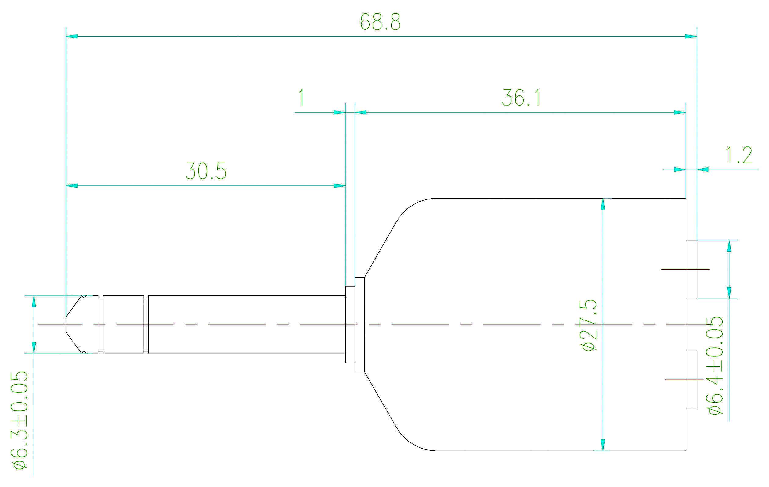 Technical drawing of a plug with dimensions: Total length 68.8 mm, shaft diameter 6.3 mm, housing diameter 6.4 mm.