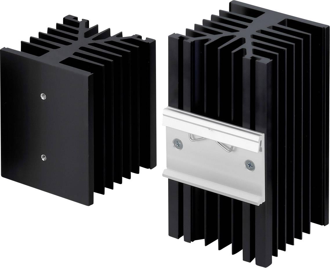 Two black metal heatsinks, one shown from the front and one from the back. The rear one has a silver mounting bracket.
