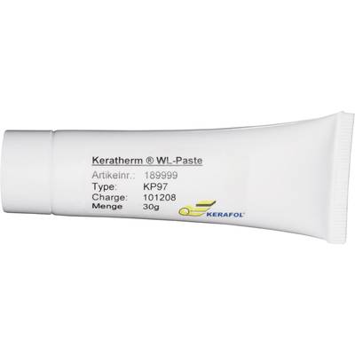 A tube labelled 'Keratherm® WL-Paste' with specifications including Article No.: 189999, Type: KP97, Batch: 101208, Quantity: 30g.