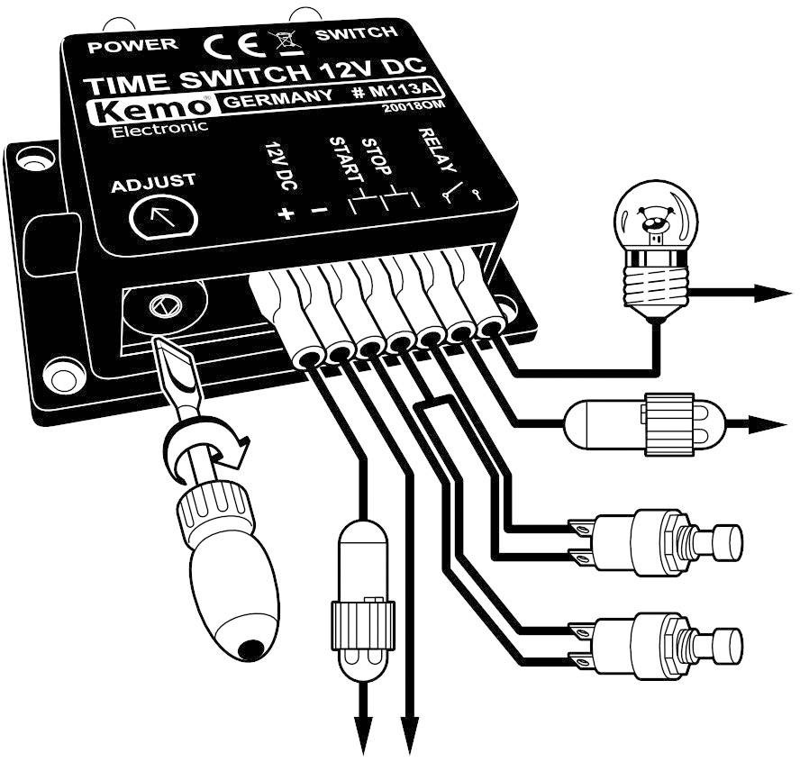 'Circuit diagram of a 12V DC timer switch. Shows connections and usage for light bulb and switch. Control buttons labelled.'