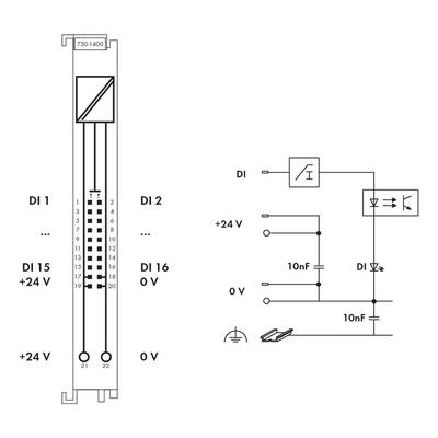 'Diagram of an electrical circuit diagram: On the left, a socket for digital inputs (DI 1 to DI 16) with voltage specifications. On the right, a circuit with a resistor, capacitors (10nF) and a diode connected to voltage sources (+24V, 0V).'