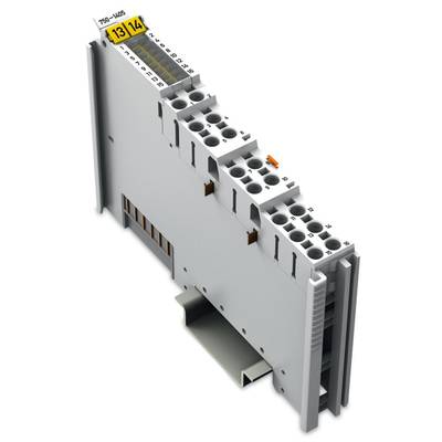 A grey electronic module for DIN rail mounting with multiple terminal blocks, labelled with the numbers '13' and '14'.