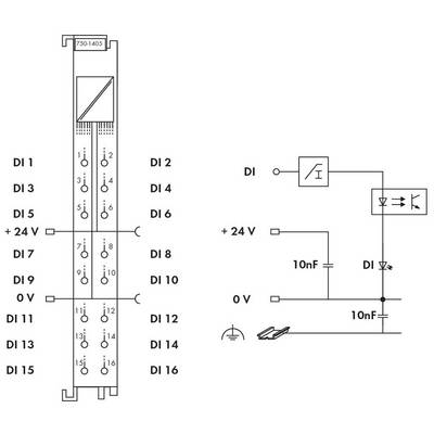 'Circuit diagram of a digital input card with 16 inputs and labels for voltage and earthing, showing connections and symbols for electronic circuits.'