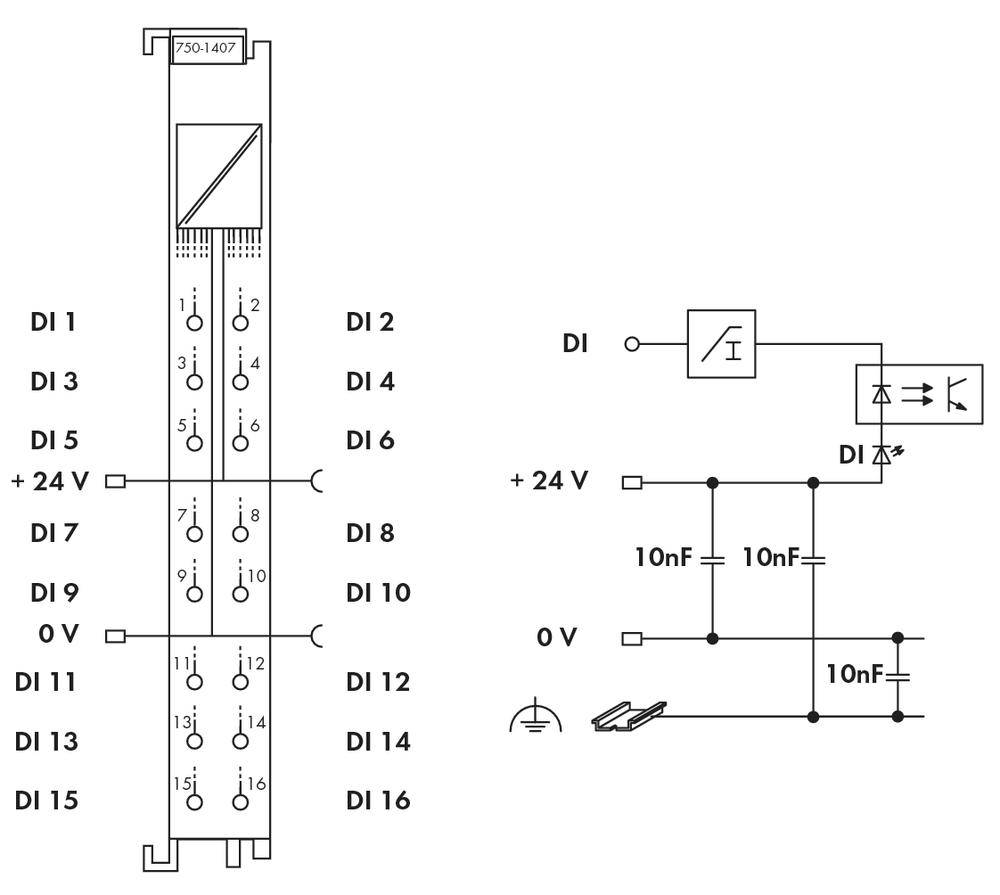 'Circuit diagram of a digital input module with 16 channels. Shows power supply, connection points, and wiring details.'