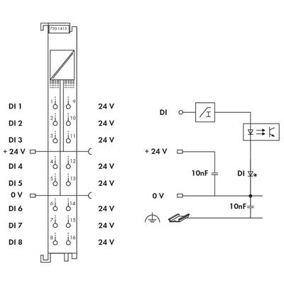Diagram of the 750-141/15 module with connection layout and circuit schematic. Shows digital inputs (DI 1-8) with voltage specification and current flow.