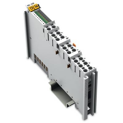 A digital I/O module with multiple slots for electrical connections, mounted on a DIN rail holder.