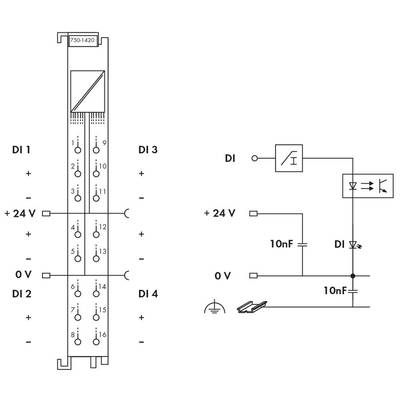 'Circuit diagram of a digital input terminal. On the left: pin assignments for four digital inputs. On the right: circuit diagram with inputs and protective circuitry.'