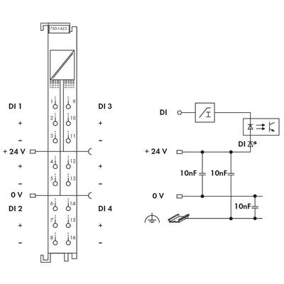 'Circuit diagram shows an electronic circuit with connections for DI 1 to DI 4, 24V and 0V. Connection with 10nF capacitors and diodes.'