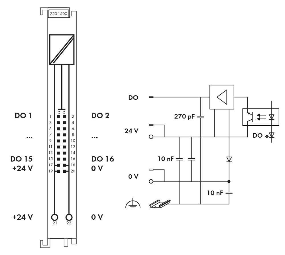 Diagram of an electrical circuit with voltage outputs DO 1 and DO 2. Shows capacitors, diodes, and resistors with markings.