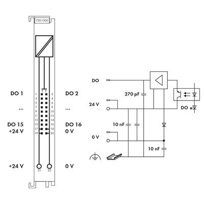 Diagram of an electrical circuit with voltage outputs DO 1 and DO 2. Shows capacitors, diodes, and resistors with markings.