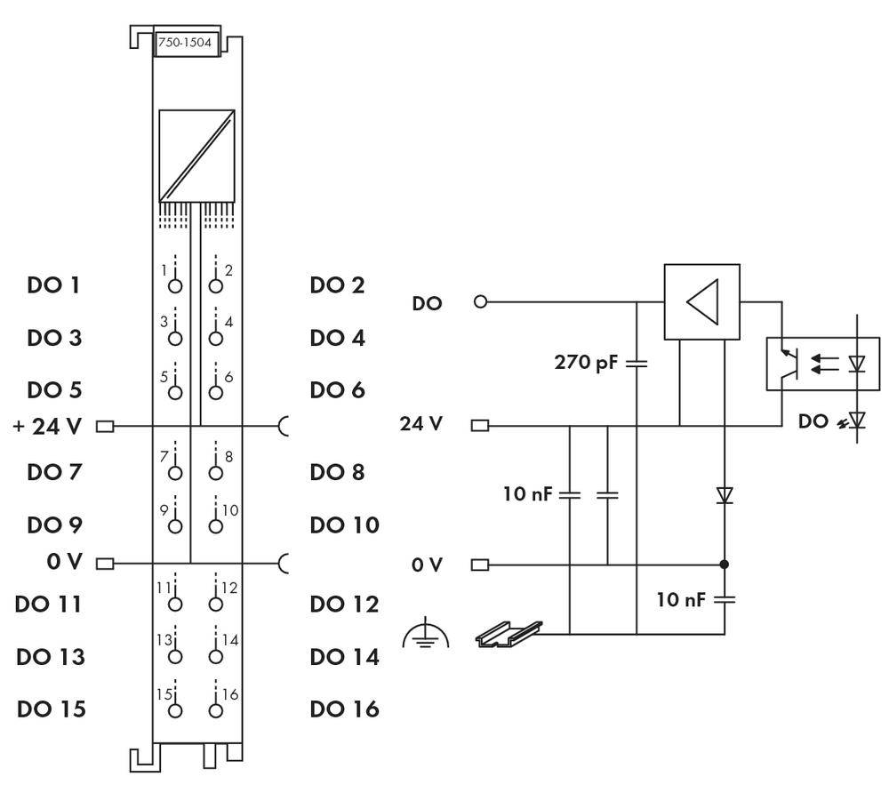 'Electrical Circuit Diagram: Shows a vertical module connection on the left and a circuit with capacitors, transistor, and resistor on the right.'