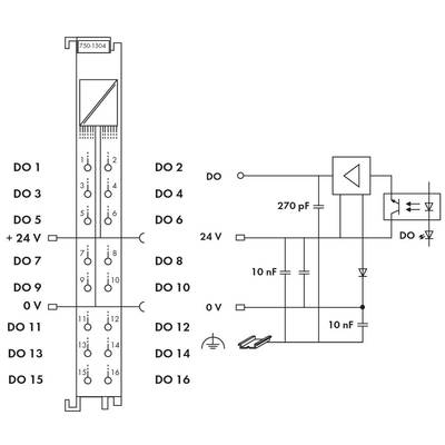 'Electrical Circuit Diagram: Shows a vertical module connection on the left and a circuit with capacitors, transistor, and resistor on the right.'