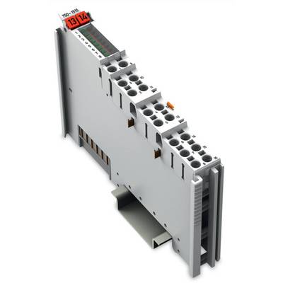 Grey-white electronic module with multiple terminal blocks and an orange marking. Numbers 13/14 are highlighted.