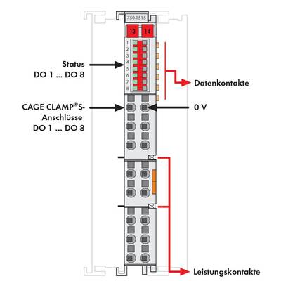 Socket terminal block with CAGE CLAMP connections. Top data contacts (status DO1 - DO8), bottom power contacts (0V). LED status indicator.