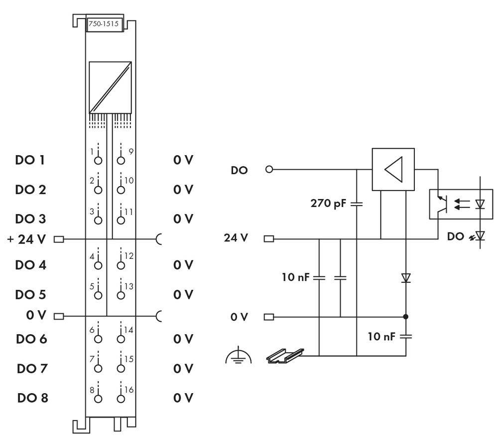 'Circuit diagram of a digital output module with 8 outputs. Shows electrical connections, components such as resistors and capacitors.'