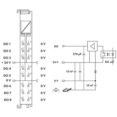 'Circuit diagram of a digital output module with 8 outputs. Shows electrical connections, components such as resistors and capacitors.'
