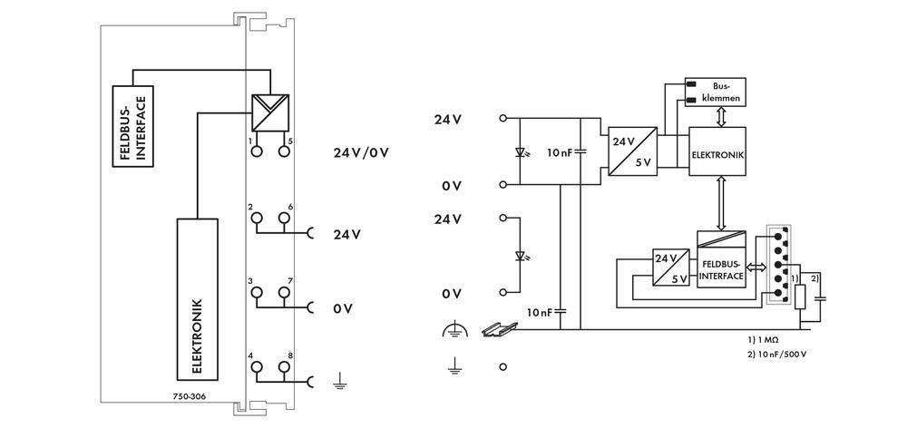 Circuit diagram with two sections: on the left, electronic components with a bus connection; on the right, a detailed electrical circuit with voltage components.