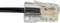 A transparent Ethernet plug with black and coloured cables is attached to a black cable.