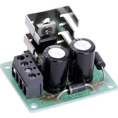 An electronic circuit with two large capacitors, resistors and a heatsink mounted on a circuit board.