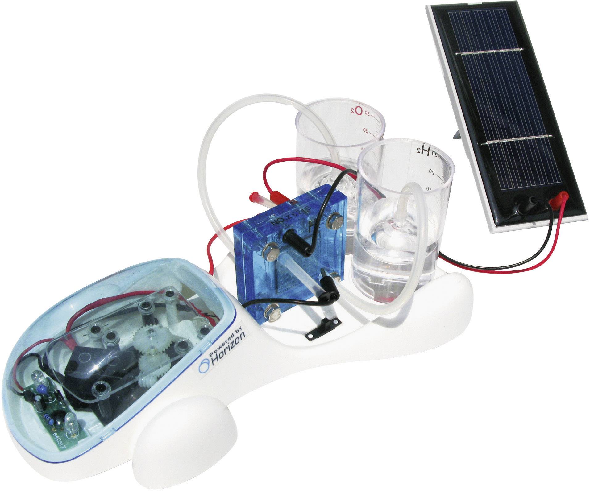 A model of a hydrogen car with solar cell, hydrogen storage, and motor. Demonstrates renewable energy conversion.