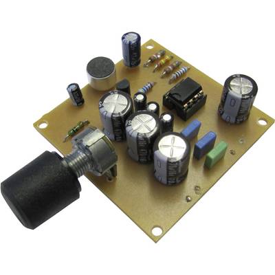 An electronic circuit on a circuit board with various components such as resistors, capacitors, and a microphone.