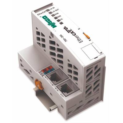 EtherCAT module with two Ethernet ports, marked with 'EtherCAT IN' and 'EtherCAT OUT'. Manufacturer's logo and text are visible.