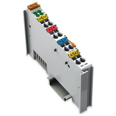 A grey electronic module with colour-marked connections and numbers. It appears to be designed for control or connectivity in technical systems.