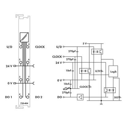 'Circuit diagram of an electronic device with 24V and 5V circuits, including logic components and capacitors.'