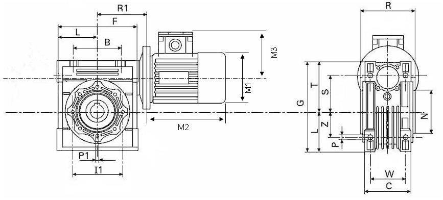 Technical drawing of an electric motor with dimensions and labels in horizontal and vertical views.