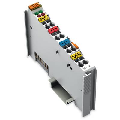 'Grey electronic module with coloured connectors and labels 01 to 04, with switches 13 to 14 beside it.'