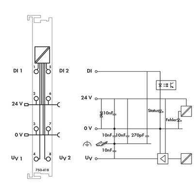 'Circuit diagram of an electrical circuit with input terminals DI 1 and DI 2, supply voltage of 24V, capacitors and status indicators for error detection.'
