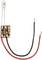 A LED light with a wired resistor on a small circuit board. Two cables run from the board; one red, one black.