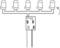 Circuit diagram with five LEDs at the top, connected to a central control chip. Two wires at the bottom lead to the power circuit.