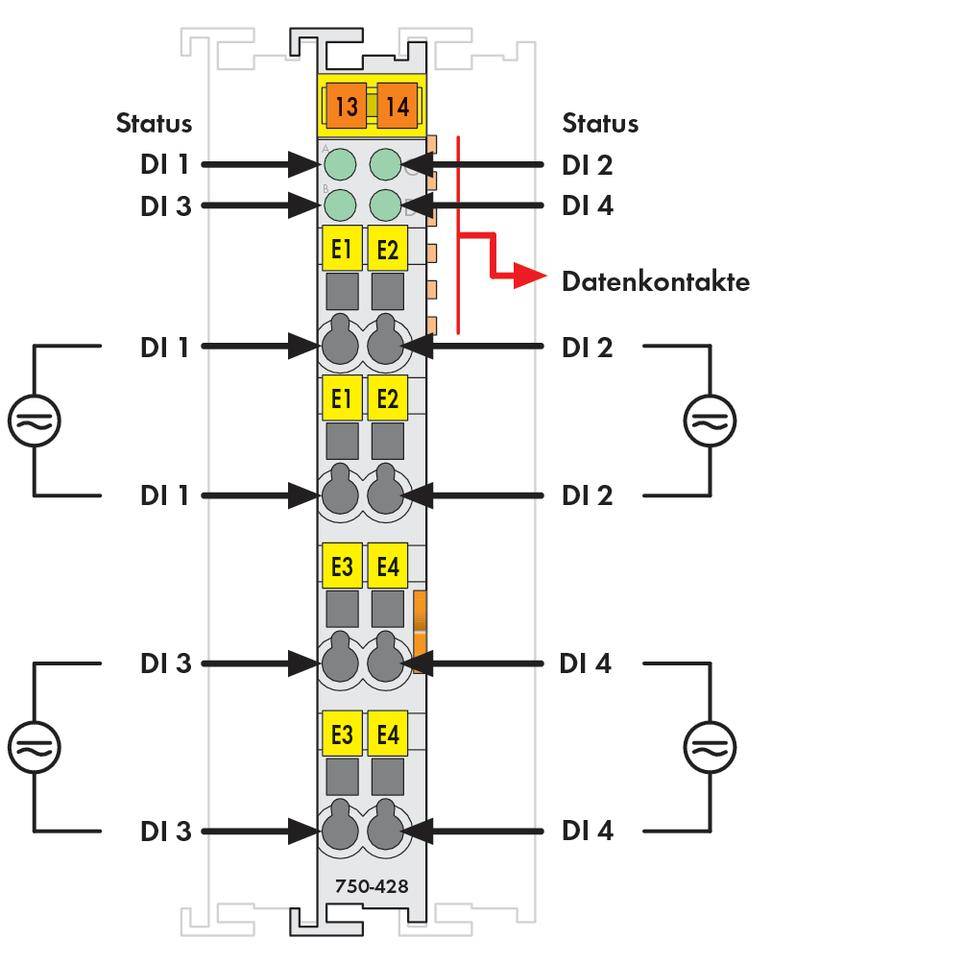 Circuit diagram with multiple module slots, marked contacts, and labels such as 'Status', 'Data Contacts', and 'DI 1'.