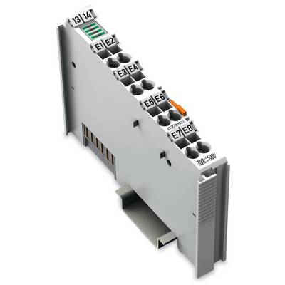 Grey-white electronic plug module with multiple connections, labelled on top. A barcode and printed code are located on the top left.