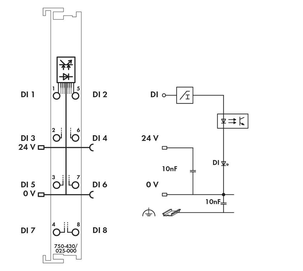'Circuit diagram of a module with eight digital inputs (DI). Connections for power supply, digital signal, and ground shown.'