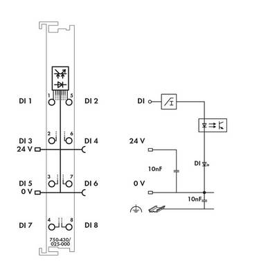 'Circuit diagram of a module with eight digital inputs (DI). Connections for power supply, digital signal, and ground shown.'