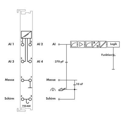 Circuit diagram of an electronic circuit with capacitors (270 pF, 10 nF), logic module, four inputs (AI1-AI4) and label 'Function 2'.