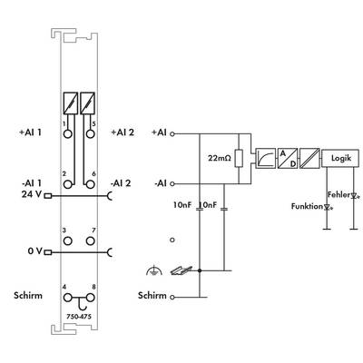 Circuit diagram of an electrical circuit with connections and components: Display module (AI1, AI2), Resistor (22mΩ), Capacitors (10nF, 10nF), Screen connection.