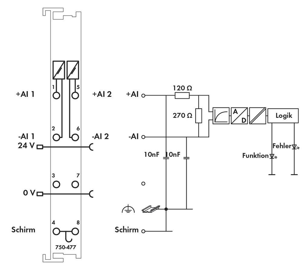 Circuit diagram of a control system with connections and components. Contains resistors, capacitors, logic module and screening symbols.