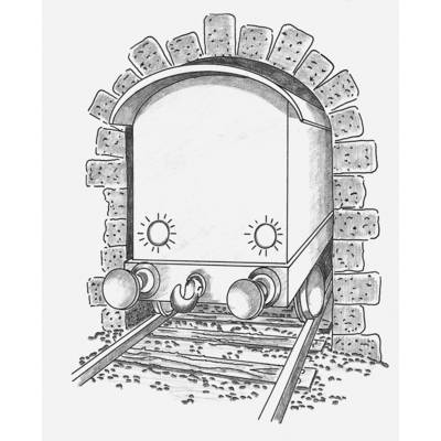 A train emerges from a tunnel without a driver. The train has simple round eyes and a smiling face.