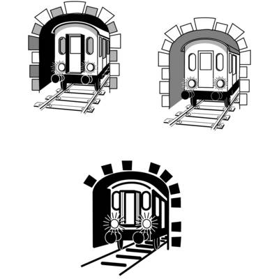 Three drawings of trains in a tunnel: top left in black and white, top right with shading, bottom in solid black.