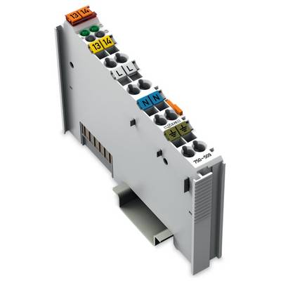'Terminal block with multiple connection points and coloured markings for electrical connections and signalling.'